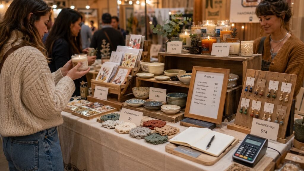 Handmade products with price labels on a craft fair table