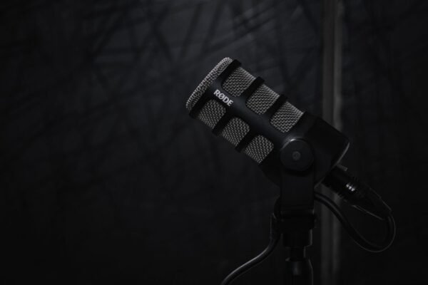 Black studio microphone on a stand for voice dictation