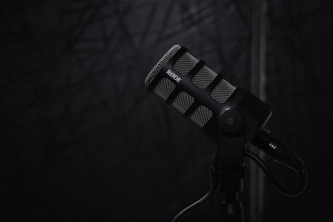 Black studio microphone on a stand for voice dictation