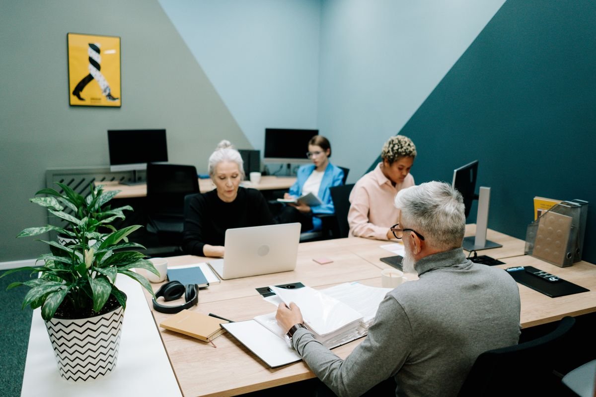 Team members working at shared desks in a bright open plan office