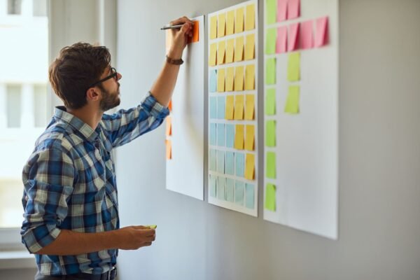 Small business owner writing on a wall covered with colorful sticky notes during a planning session