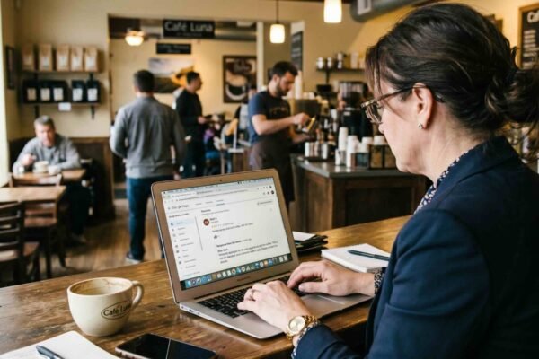 Business owner replying to a Google review on a laptop in her cafe