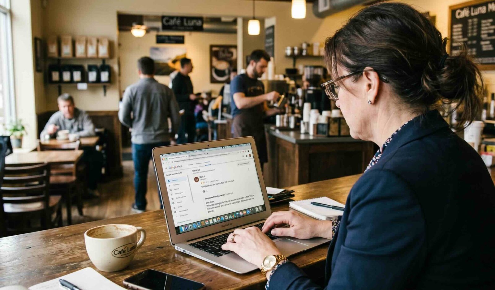 Business owner replying to a Google review on a laptop in her cafe