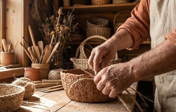 Artisan hands shaping a handmade product in a craft workshop