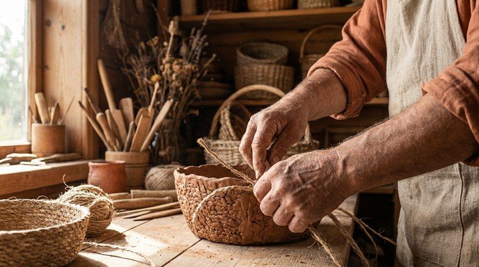 Artisan hands shaping a handmade product in a craft workshop