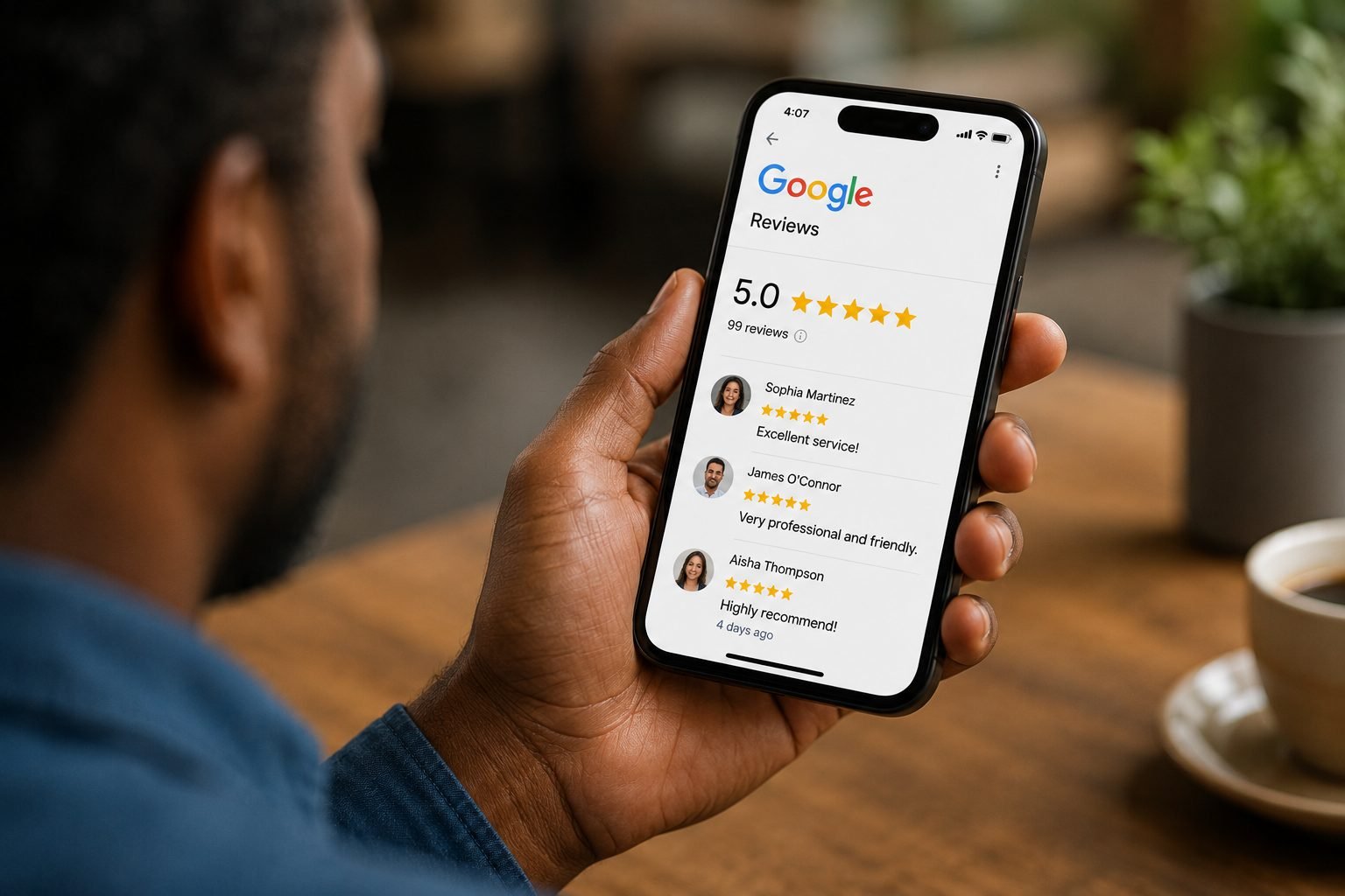 Customer reading five star Google reviews on a smartphone