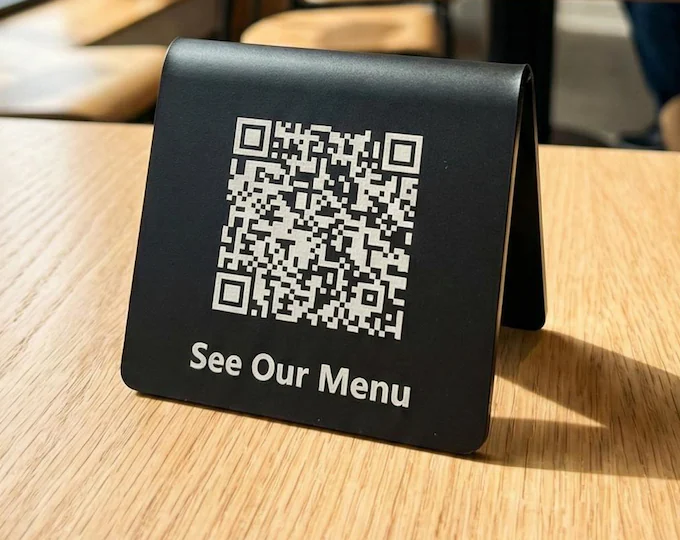 Acrylic QR code table stand for restaurant menus and promotions