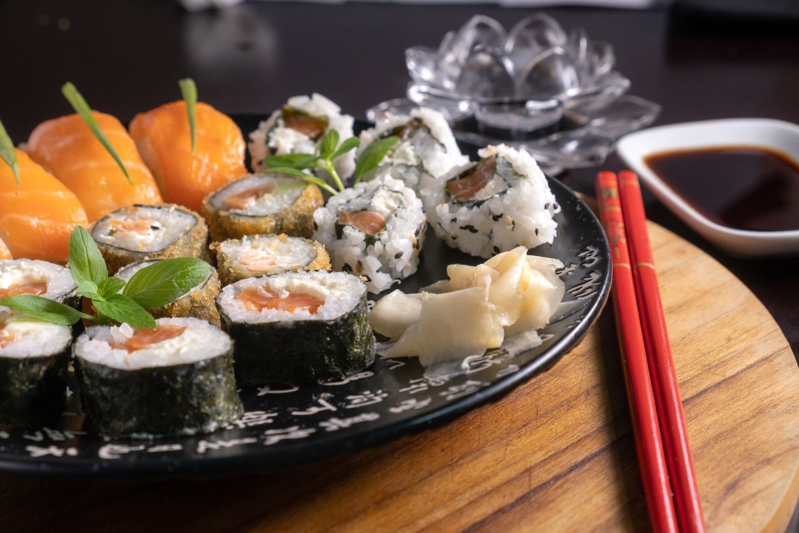 Sushi platter with maki rolls served at a Japanese restaurant