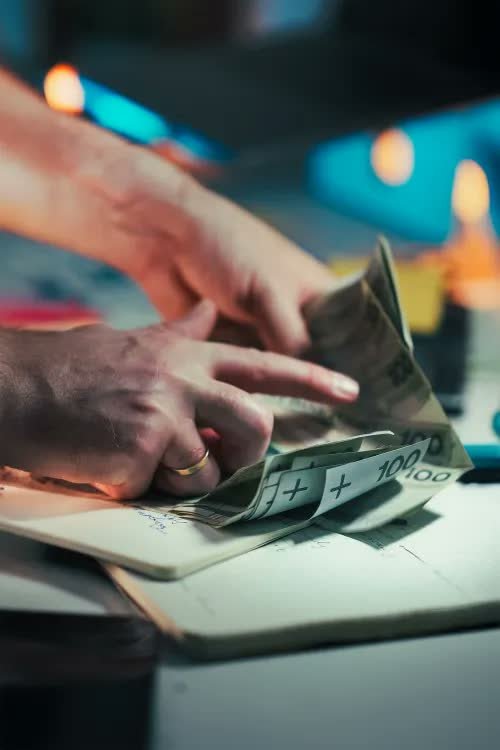 Hands counting cash over a notebook while reconciling the till