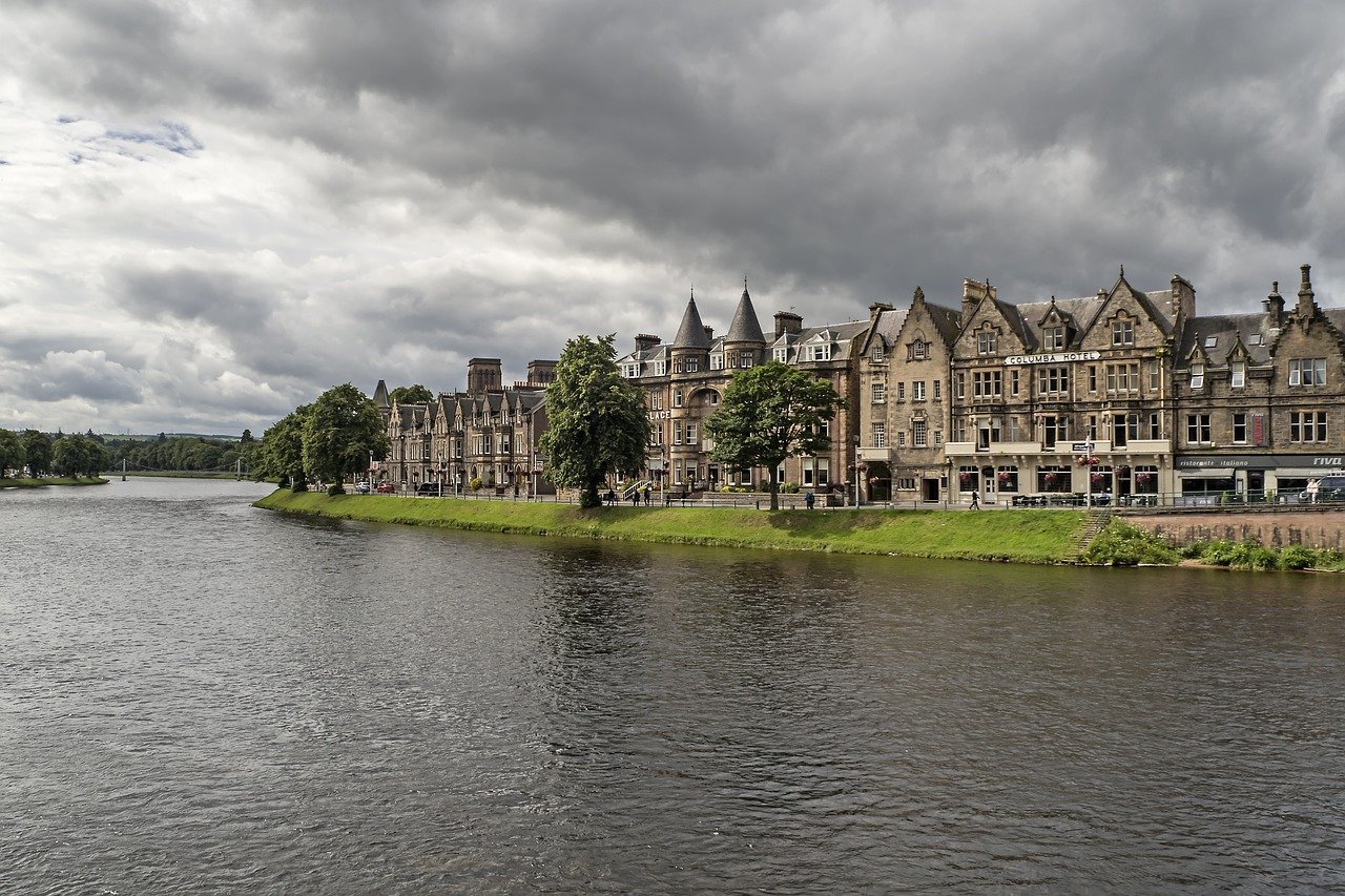 Historic buildings along the River Ness in Inverness in the Scottish Highlands
