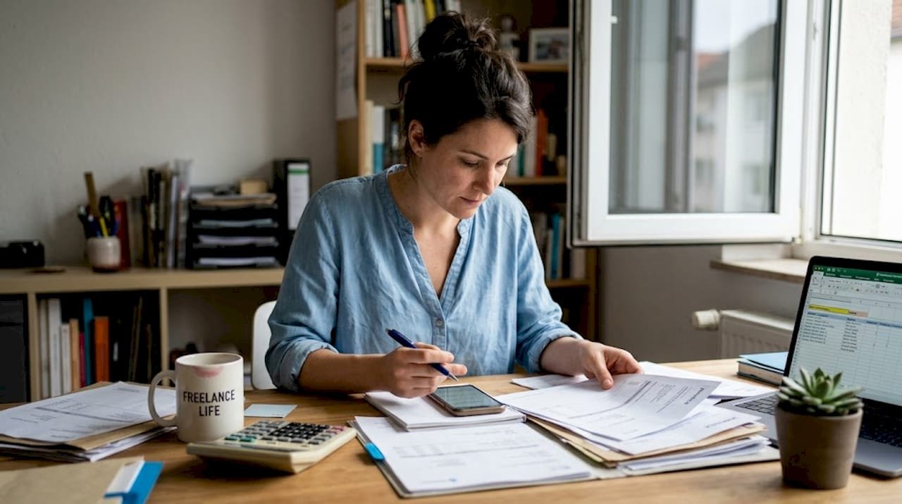 Freelancer managing paperwork and tax documents at a home office desk