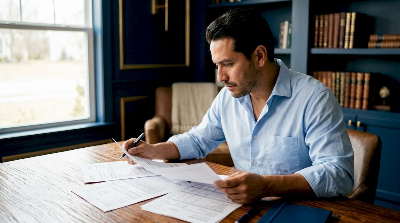 Small business owner reviewing financial documents at a desk