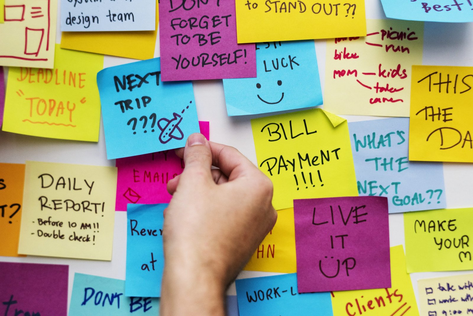 Sticky notes arranged on an office wall to sort tasks by priority