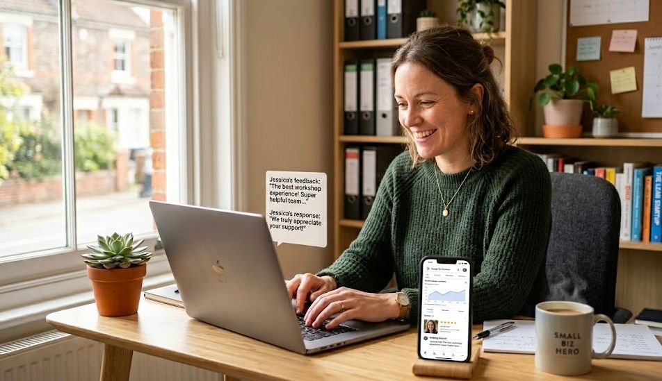 Business owner typing a reply to a Google review at her laptop